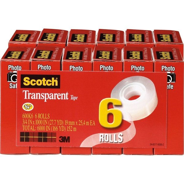 Scotch Transparent Tape, Refill, 1" Core, 3/4"x1000", 12 Rolls/BD PK MMM600K6BD